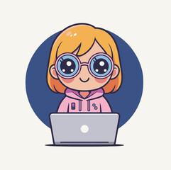 Cute Chibi Girl Working on Laptop | Kawaii Tech Cartoon Illustration
