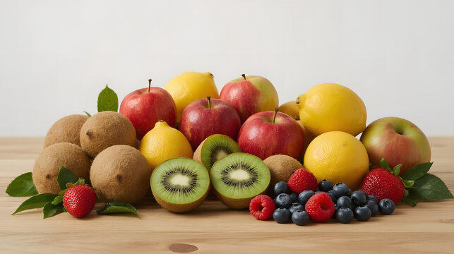 A vibrant and diverse selection of fresh fruits including apples with subtle red and green hues, kiwis with fuzzy brown skin, lemons with bright yellow color, and an assortment of berries such as blue