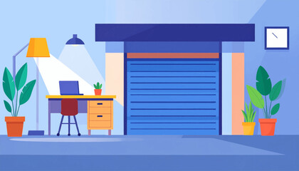 Obraz premium Bright cartoon office space with a desk, plants, lamps, chair and a closed shutter door on a blue background
