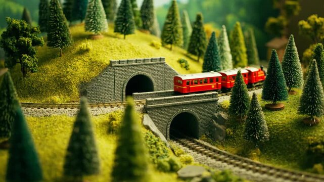 Scenic model railway landscape with red train and tunnels