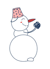 Cute snowman in mittens clapping hands isolated on transparent. Line drawing. Hand drawn vector illustration. Funny cartoon character. Traditional Christmas, New Year, winter design element, clip art