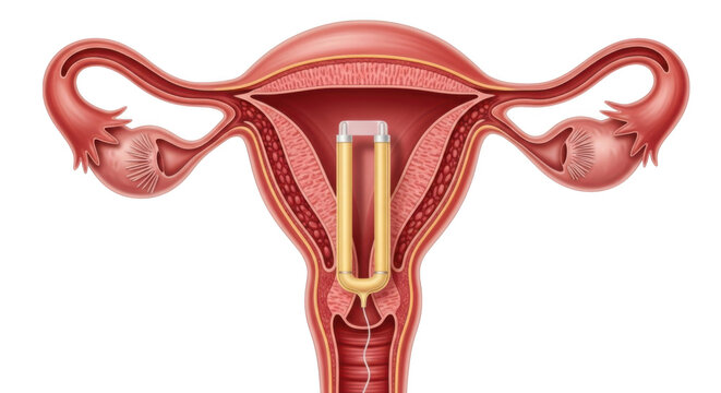 Female reproductive system with intrauterine device isolated on transparent background