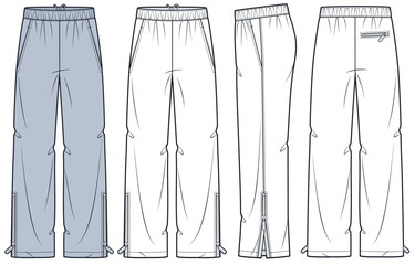 Jogger Pants Technical Fashion Illustration. Wide Leg Track Pants fashion flat technical drawing template, front, side back view, pockets, zipper slits, white, blue, women, men, unisex CAD mockup set. © Liubov Hladka