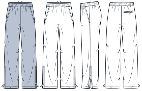 Jogger Pants Technical Fashion Illustration. Wide Leg Track Pants fashion flat technical drawing template, front, side back view, pockets, zipper slits, white, blue, women, men, unisex CAD mockup set.
