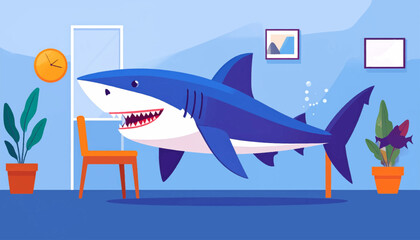 Cartoon shark in a room with plants, a chair, and art on the wall, with a light blue background