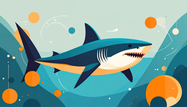 Cartoon shark illustration with jagged teeth swimming in the ocean with floating circles and lines