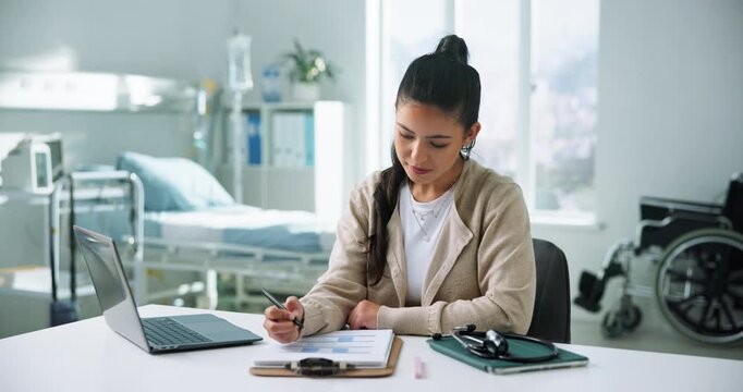 Doctor, writing and clipboard in office with laptop for schedule, health insurance form or admin. Healthcare worker, woman or computer with checklist for agenda notes, review medical aid or planning.