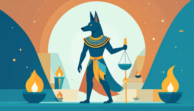 Egyptian god of afterlife with jackal head holding scales, surrounded by flames, in a flat design