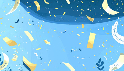 Festive blue illustration with confetti and abstract botanical elements in a scattered arrangement