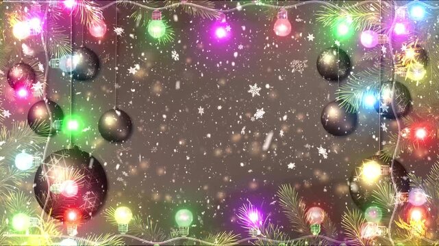 Winter seasonal festive background. falling snow overlay with light bulbs and animated baubles. animated backdrop. Birthday, new year christmas ceremony Celebration