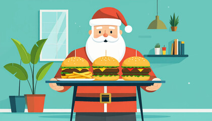 Flat illustration of Santa holding a tray with three burgers in a stylized teal room with plants and a window