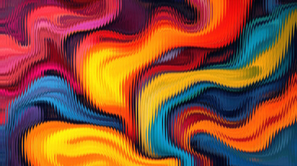 Vibrant abstract digital art with flowing, textured waves of multiple bright colors.