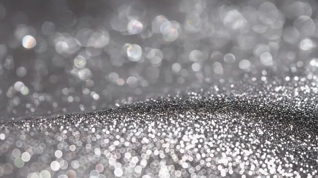 Macro shot of silver glitter on a dark surface, tiny sparkles like diamonds with soft blurred lights in the background.