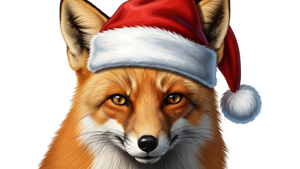 Fox, wearing a Santa hat white orange 2, cutout, PNG isolated on transparent background