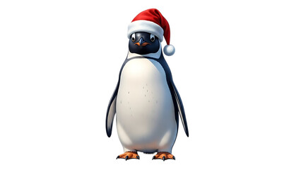 Penguin, wearing a red Santa hat with red hat white belly black and white feathers, cutout, PNG isolated on transparent background