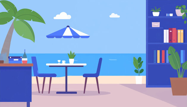 Flat vector illustration of a patio with ocean view, table and chairs under a striped parasol, and indoor bookcase