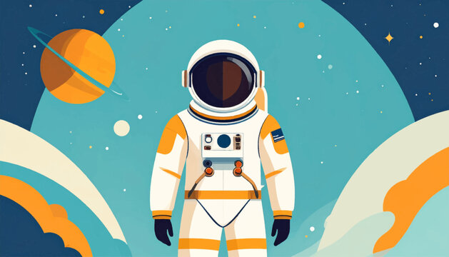 Flat vector illustration of an astronaut in space, with a planet in the background