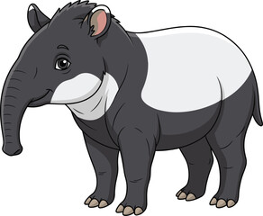 Cartoon Malayan tapir with black and white body, trunk-like snout, flat vector illustration, endangered animal character, Southeast Asia wildlife