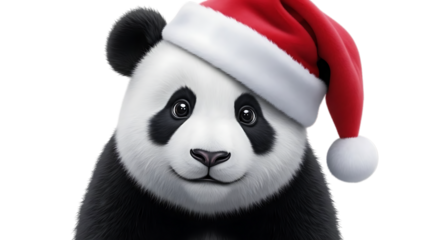 Panda, wearing a Santa hat with red and white hat black and white fur, cutout, PNG isolated on transparent background