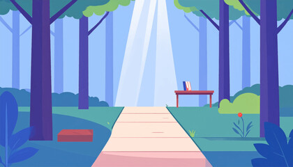 Cartoon illustration path into the woods, with a table, book and light filtering through the trees above