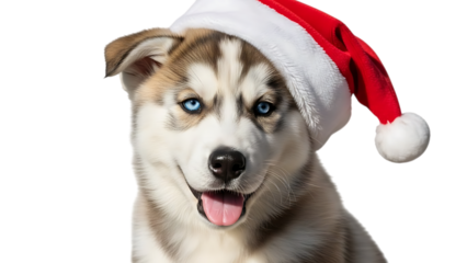 Husky puppy, wearing a Santa hat with red and white hat 1, cutout, PNG isolated on transparent background