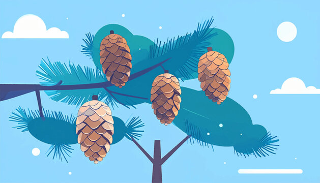 Cartoon illustration of pine cones hanging from an evergreen tree with a blue sky and fluffy white clouds
