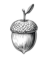 Detailed black and white sketch of an acorn seed with leaves representing forest growth in nature © color