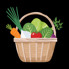 Woven wooden basket filled with fresh organic garden vegetables and green herbs in nature background