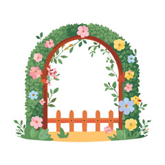Small wooden garden fence decorated with a beautiful flower arch and green leaves in nature