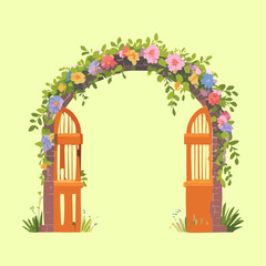 Charming wooden garden gate under a blooming floral archway with various colorful flowers in nature