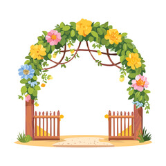 Rustic wooden garden gate with a floral arch decorated with yellow and orange flowers in nature
