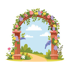 Decorative floral arch with colorful blossoms and green foliage leading to a sunny nature garden path