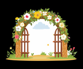 Elegant floral archway with yellow blossoms and green leaves leading to a sunny nature garden path entrance