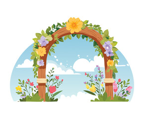 Beautiful wooden garden arch decorated with colorful blooming flowers and green plants against a blue nature sky