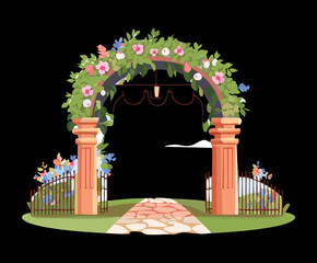 Scenic garden path leading through a beautiful floral archway with hanging lamps in a nature setting