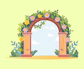Beautiful brick garden arch decorated with colorful spring flowers and green vines in a nature park