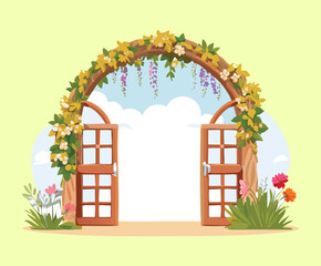 Classic wooden garden gate with a floral archway decorated with various colorful blossoms in nature