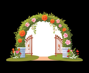 Elegant brick garden arch decorated with colorful flowers and green plants against a dark nature background