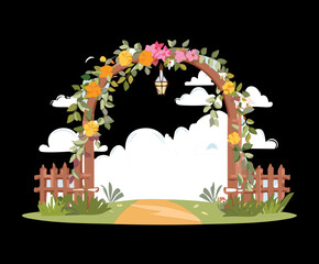 Decorative garden archway with vibrant orange and red flowers against a dark nature background illustration