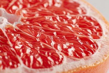 Ultra close-up of glistening, fresh grapefruit pulp, showcasing vibrant segments and juicy texture