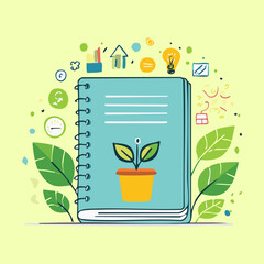 Professional garden journal book with green plant icons and leaves for tracking nature growth and development