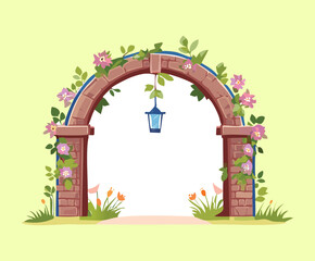 Charming brick garden arch decorated with climbing purple flowers and green vines in a nature park