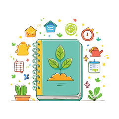 Creative garden planner notebook surrounded by small gardening icons and plant seedlings in a nature theme