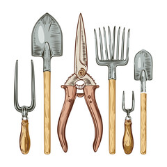 Hand drawn vintage style garden tools including pruners and shovels for organic nature plant care illustration