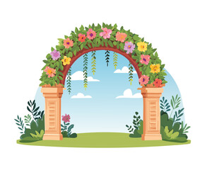 Beautiful garden archway decorated with colorful blooming flowers and green vines in a peaceful nature landscape