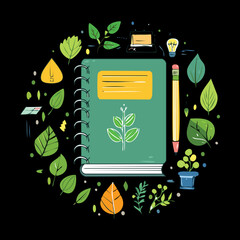 Green garden journal notebook surrounded by various plant leaves and nature gardening icons on a dark background