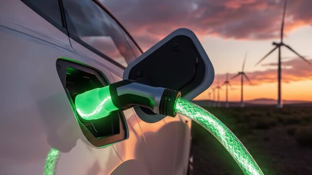 Futuristic Electric Car Charging with Glowing Green Cable and Wind Turbines Background