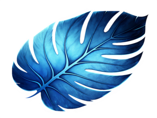 Blue monstera leaf with colorful glitch effect isolated on a transparent background