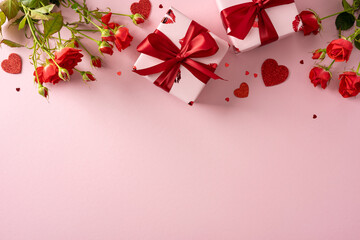 Soft pink background with red roses, white gift boxes, and red ribbons evokes Valentine celebration and warm greetings with love and romance