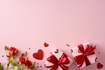 Romantic valentine gift scene with roses, hearts and wrapped presents on a soft pink backdrop, conveying love, celebration, and warm greetings for Valentine's Day